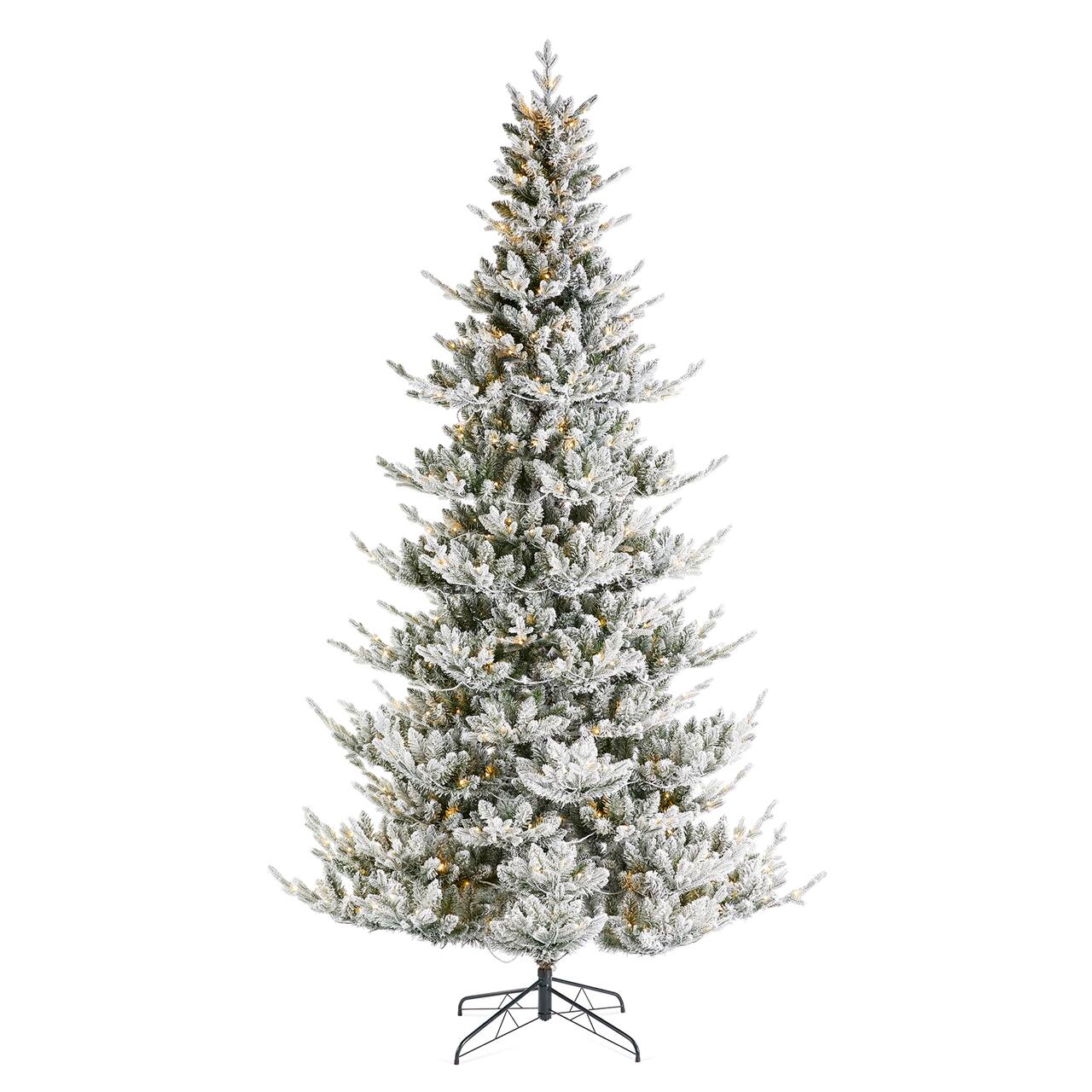 Glitzhome® 9ft Pre-Lit Flocked Upward Slim Fir Artificial Christmas Tree, Warm White LED Lights